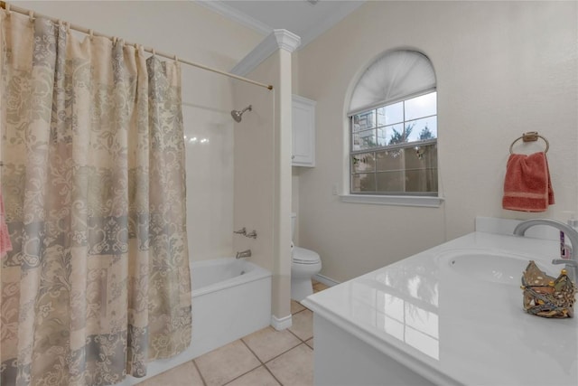 201 Lasso, Horseshoe Bay, TX 78657 - full bath featuring tile patterned flooring, shower / bathtub combination with curtain, vanity, and crown molding