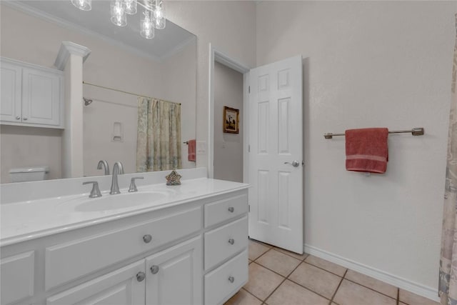 201 Lasso, Horseshoe Bay, TX 78657 - bathroom with ornamental molding, vanity, tile patterned flooring, curtained shower, and a chandelier