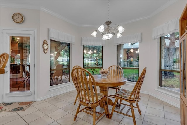201 Lasso, Horseshoe Bay, TX 78657 - dining room with a chandelier, light tile patterned floors, plenty of natural light, and ornamental molding