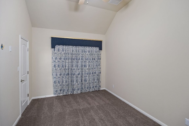 14320 Senia Bnd, Austin, TX 78738 - carpeted empty room with baseboards, visible vents, ceiling fan, and lofted ceiling
