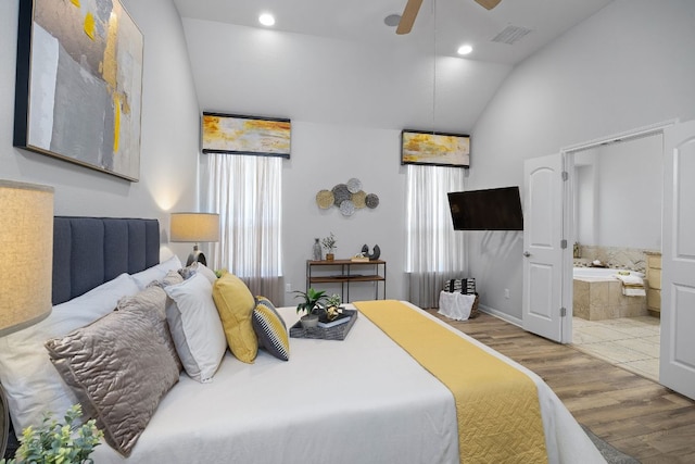 14320 Senia Bnd, Austin, TX 78738 - bedroom with connected bathroom, ceiling fan, visible vents, recessed lighting, and wood finished floors