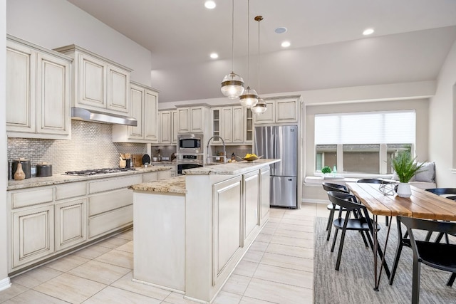 14320 Senia Bnd, Austin, TX 78738 - kitchen with tasteful backsplash, appliances with stainless steel finishes, under cabinet range hood, an island with sink, and hanging light fixtures