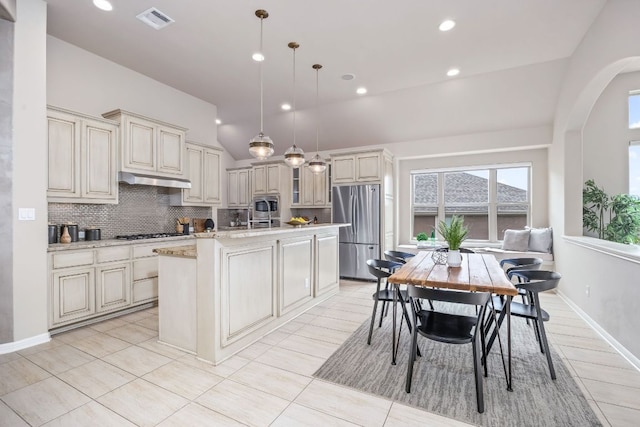14320 Senia Bnd, Austin, TX 78738 - kitchen with stainless steel appliances, tasteful backsplash, lofted ceiling, a kitchen island with sink, and hanging light fixtures