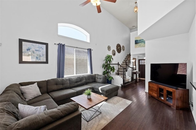 9209 Sweetgum Dr Unit 153, Austin, TX 78748 - living room with high vaulted ceiling, stairway, ceiling fan, and dark wood-style floors