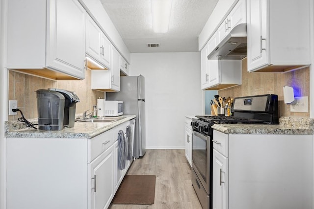 6705 Skynook Dr, Austin, TX 78745 - kitchen with stainless steel gas range, under cabinet range hood, light wood-style flooring, a sink, and white cabinets