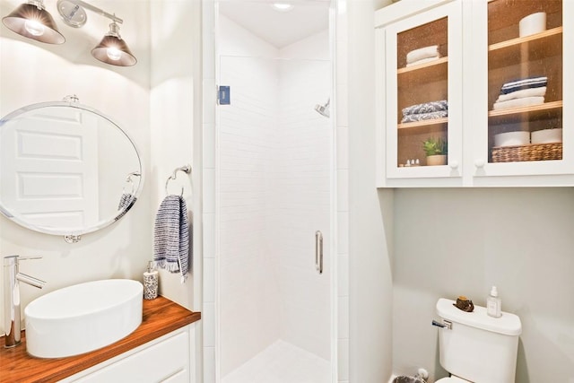 bathroom with vanity, toilet, and a stall shower