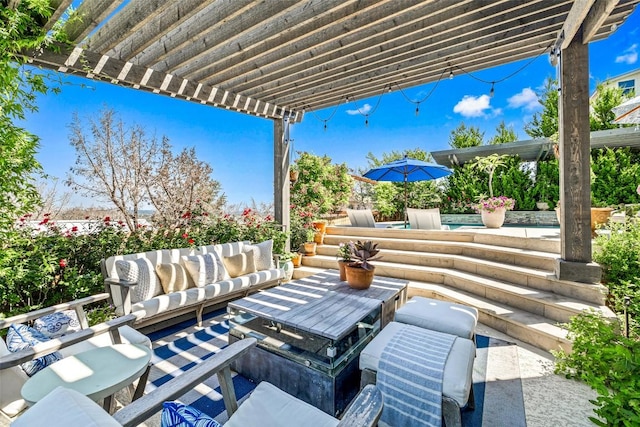 view of patio with outdoor lounge area and a pergola