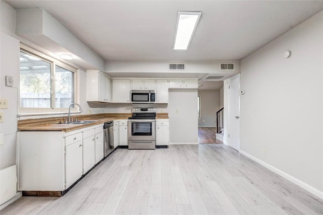 901 E Village Ln, Austin, TX 78758 - kitchen with appliances with stainless steel finishes, a sink, white cabinets, and light wood-type flooring