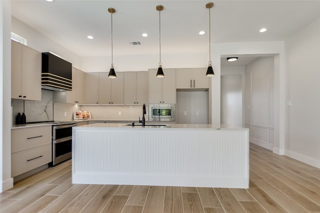1603 Sapphire, Horseshoe Bay, TX 78657 - kitchen with light countertops, ventilation hood, decorative backsplash, a sink, and wood tiled floor