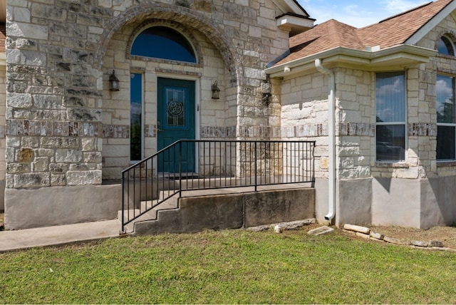 341 Brown Rd, Mcdade, TX 78650 - doorway to property with stone siding and a shingled roof