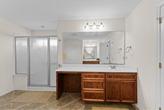 341 Brown Rd, Mcdade, TX 78650 - bathroom with vanity, a shower stall, and tile patterned floors