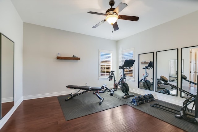 workout room featuring ceiling fan, baseboards, and wood finished floors