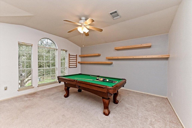 4437 Chickasaw Ct, Austin, TX 78749 - rec room featuring lofted ceiling, carpet, billiards, and ceiling fan