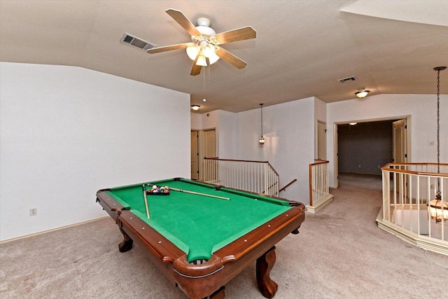 4437 Chickasaw Ct, Austin, TX 78749 - playroom featuring lofted ceiling, carpet flooring, ceiling fan, and pool table