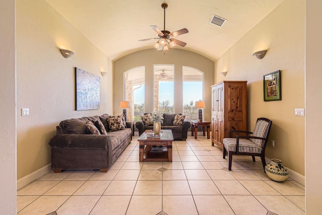 200 Hillside Dr, Dripping Springs, TX 78620 - living room with ceiling fan, lofted ceiling, and light tile patterned floors