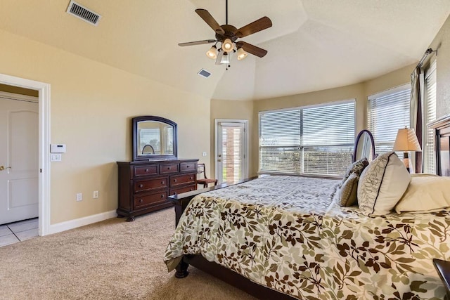 200 Hillside Dr, Dripping Springs, TX 78620 - bedroom with light colored carpet, ceiling fan, and lofted ceiling