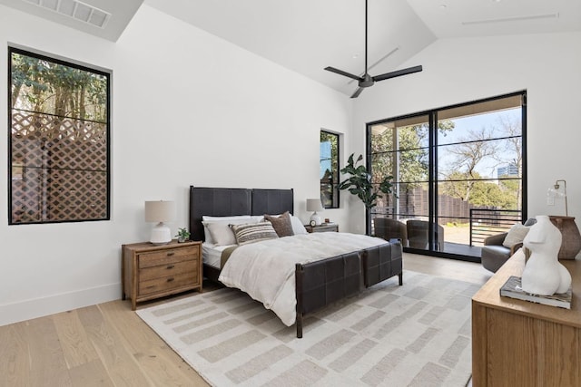 6102 Forest Hills Dr, Austin, TX 78746 - bedroom featuring high vaulted ceiling, access to exterior, light wood finished floors, and a ceiling fan