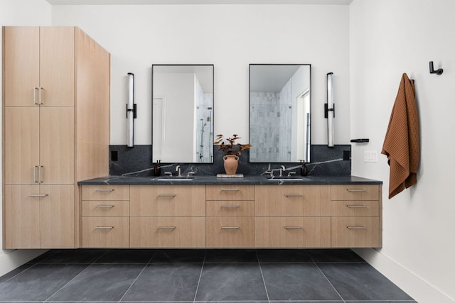 6102 Forest Hills Dr, Austin, TX 78746 - full bathroom with double vanity, decorative backsplash, and tile patterned flooring