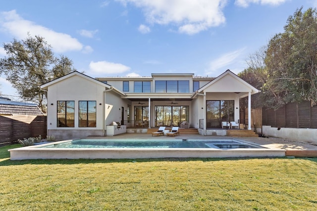 6102 Forest Hills Dr, Austin, TX 78746 - rear view of house with ceiling fan, outdoor lounge area, stucco siding, and an outdoor pool