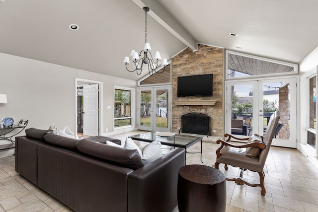 6702 Elfland Dr, Austin, TX 78746 - living area with french doors, plenty of natural light, beamed ceiling, a chandelier, and high vaulted ceiling