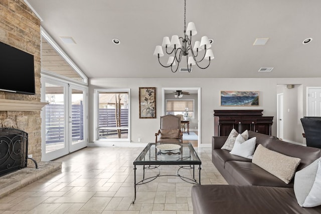 6702 Elfland Dr, Austin, TX 78746 - living area with a stone fireplace, a chandelier, ceiling fan, and recessed lighting