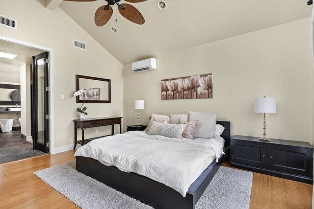 6702 Elfland Dr, Austin, TX 78746 - bedroom with a wall mounted AC, beamed ceiling, a ceiling fan, recessed lighting, and high vaulted ceiling