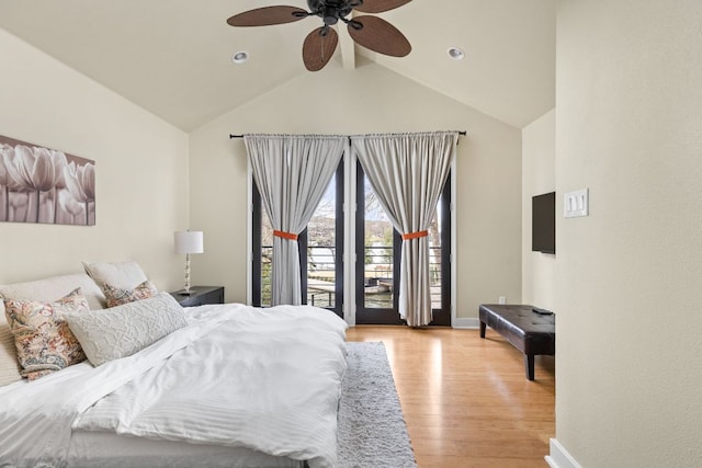 6702 Elfland Dr, Austin, TX 78746 - bedroom featuring light wood-type flooring, access to exterior, high vaulted ceiling, ceiling fan, and beam ceiling
