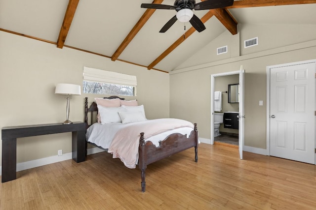 6702 Elfland Dr, Austin, TX 78746 - bedroom with beam ceiling, light wood-style floors, high vaulted ceiling, and ceiling fan