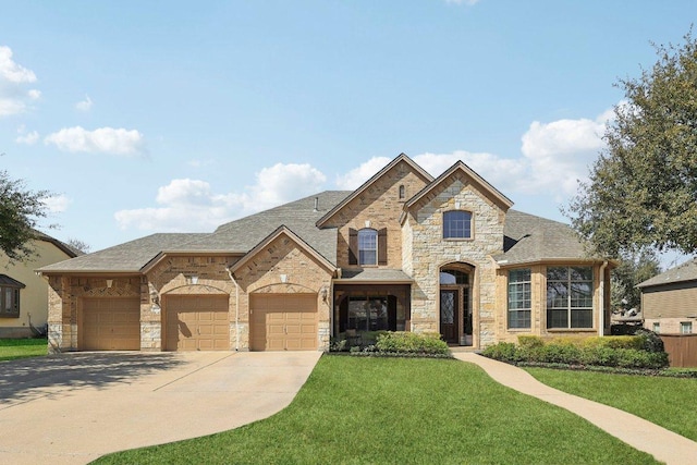french country inspired facade with concrete driveway, a front yard, roof with shingles, a garage, and stone siding