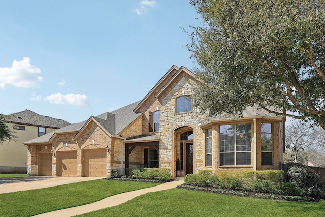 french country home with concrete driveway, an attached garage, stone siding, and a front yard