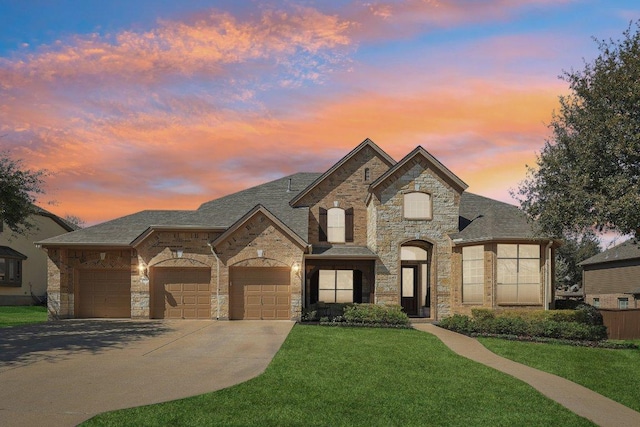 french country home featuring concrete driveway, an attached garage, a lawn, and stone siding