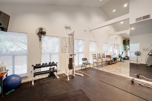 2209 Hancock Dr Unit 4, Austin, TX 78756 - workout area with high vaulted ceiling, recessed lighting, and baseboards