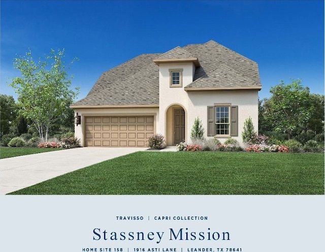 1916 Asti Ln, Leander, TX 78641 - view of front facade with a garage, stucco siding, a front yard, concrete driveway, and roof with shingles