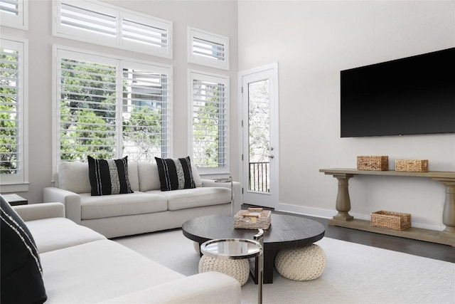 living room with a wealth of natural light, baseboards, and wood finished floors