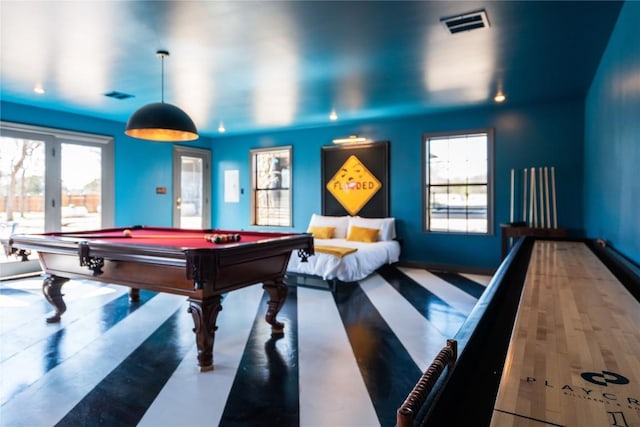 playroom featuring visible vents, billiards, baseboards, and wood finished floors