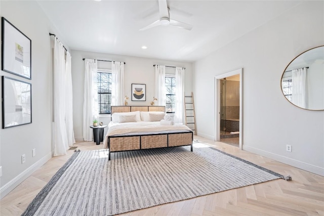 bedroom featuring recessed lighting, ensuite bath, baseboards, and a ceiling fan
