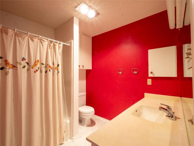 3379 S El Dorado, Lakeway, TX 78734 - full bathroom with toilet, vanity, a textured ceiling, and curtained shower