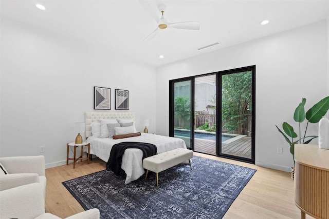 705 E 50th St, Austin, TX 78751 - bedroom featuring access to exterior, light wood finished floors, recessed lighting, and a ceiling fan