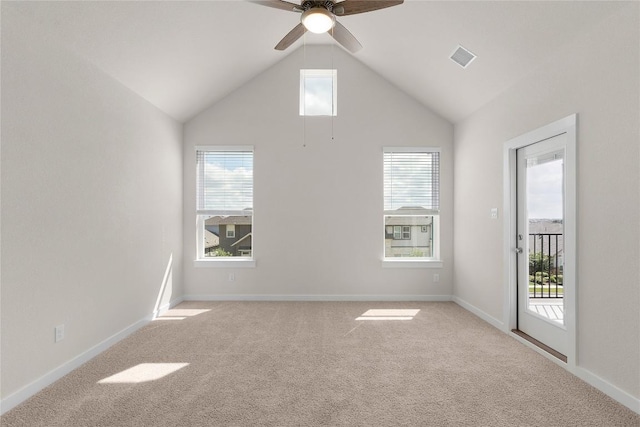 2705 Sage Ranch Dr Unit 26, Leander, TX 78641 - carpeted empty room featuring a ceiling fan, high vaulted ceiling, and baseboards