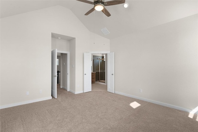2705 Sage Ranch Dr Unit 26, Leander, TX 78641 - unfurnished bedroom featuring light carpet, high vaulted ceiling, baseboards, ensuite bath, and a ceiling fan