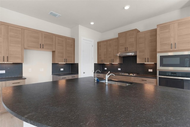 2705 Sage Ranch Dr Unit 26, Leander, TX 78641 - kitchen featuring appliances with stainless steel finishes, a sink, dark countertops, backsplash, and under cabinet range hood