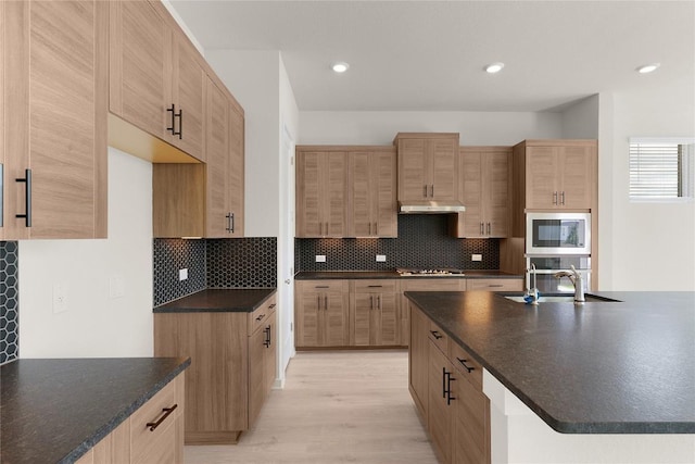 2705 Sage Ranch Dr Unit 26, Leander, TX 78641 - kitchen featuring a sink, dark countertops, appliances with stainless steel finishes, decorative backsplash, and light wood-type flooring