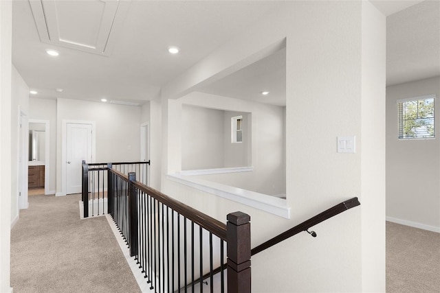 2705 Sage Ranch Dr Unit 26, Leander, TX 78641 - hall featuring carpet floors, recessed lighting, an upstairs landing, and baseboards