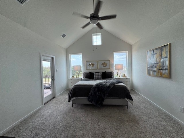 2705 Sage Ranch Dr Unit 26, Leander, TX 78641 - carpeted bedroom with access to exterior, a ceiling fan, high vaulted ceiling, and a textured wall