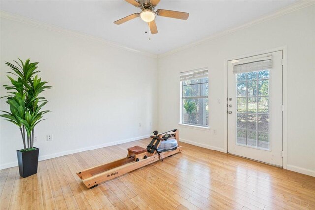 exercise area with baseboards, crown molding, and wood finished floors