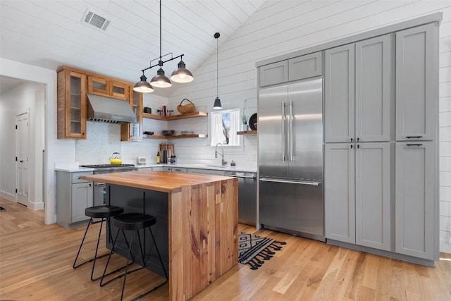703 E 15th St, Georgetown, TX 78626 - kitchen with appliances with stainless steel finishes, under cabinet range hood, wood counters, open shelves, and a breakfast bar