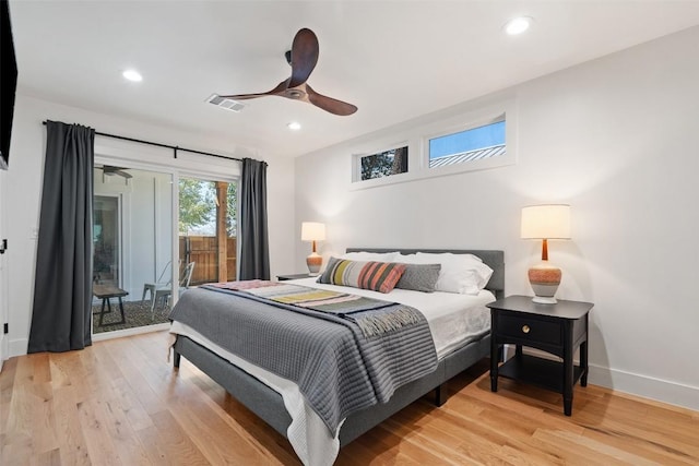703 E 15th St, Georgetown, TX 78626 - bedroom with access to exterior, light wood finished floors, baseboards, recessed lighting, and a ceiling fan