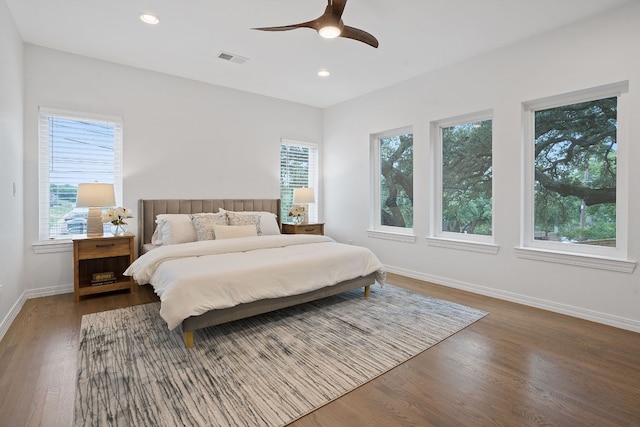 2110 Travis Heights Blvd, Austin, TX 78704 - bedroom with wood finished floors, baseboards, recessed lighting, and ceiling fan