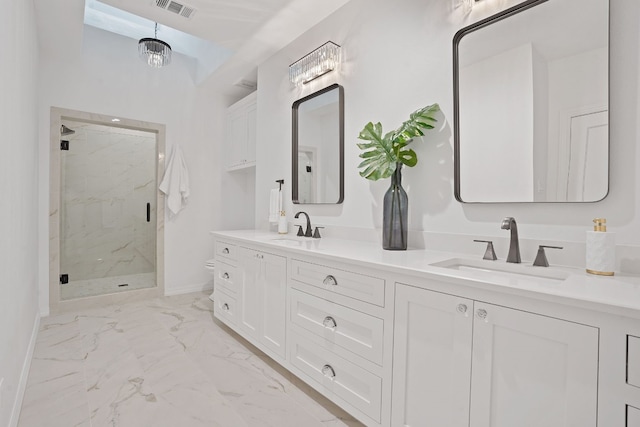 2110 Travis Heights Blvd, Austin, TX 78704 - full bath with a marble finish shower, marble finish floors, double vanity, baseboards, and toilet