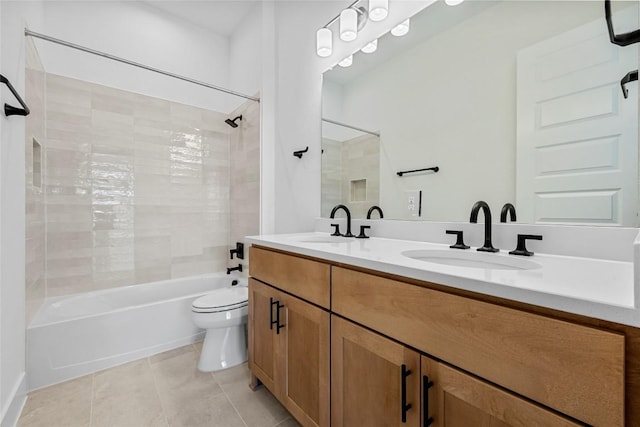 1304 Novara Trl, Leander, TX 78641 - bathroom with washtub / shower combination, double vanity, and tile patterned flooring
